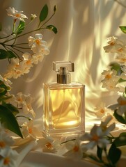 Beautiful bottle of cosmetic spray or perfume on a beige background with flowers. front view. ai generated