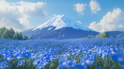 Fototapeta premium Realistic mountain fuji behind a field of blue flowers 