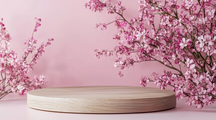 Pink blossoms & wooden podium