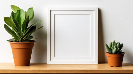 Minimalist interior with a blank white picture frame on a wooden shelf, flanked by two potted plants: one with large green leaves on the left and a small succulent on the right.