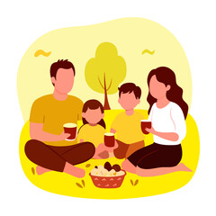 Family picnic with children enjoying ice cream and drinks in a park on a yellow background, vector