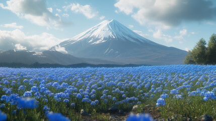 Obraz premium Realistic mountain fuji behind a field of blue flowers 