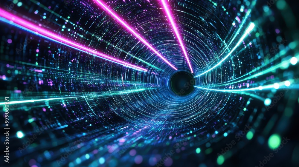 Poster abstract neon tunnel with glowing lines and bokeh lights