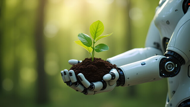 Environmental technology concept Robot hand holding small plants Artificial Intelligence and Technology ecology Green technology and Environmental technology