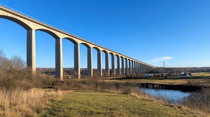 Long Concrete Bridge Over River with Blue Sky