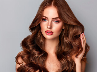 Fototapeta premium Gorgeous young adult woman with beautiful natural long wavy red hair. Fashion make-up, clear fresh skin and curly hairstyle. Cosmetic, styling, shampoo, glance and hairdresser concept