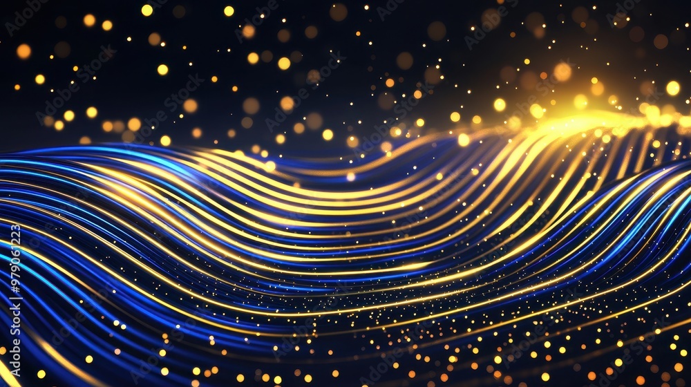 Poster abstract background with blue and gold lights bokeh glow texture pattern waves lines