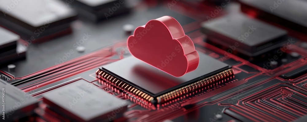 Aufkleber red cloud symbol on a circuit board, representing cloud computing technology and digital storage sol