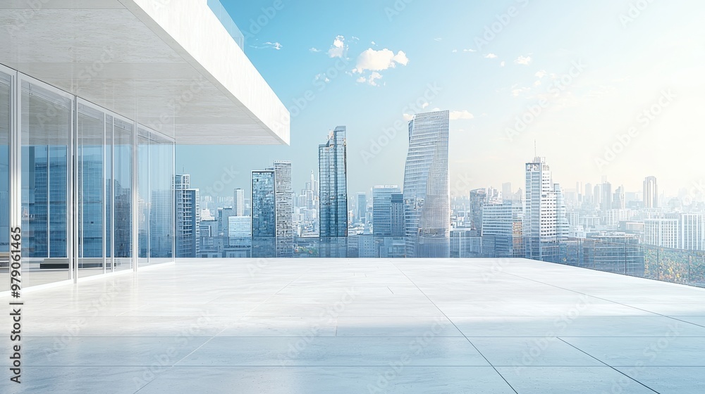 Aufkleber 3d render of abstract modern architecture with an empty concrete floor and a city skyline in the bac