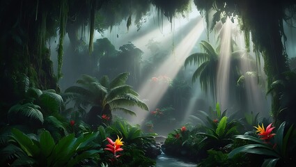  A misty rainforest with dense greenery, towering ferns, and vibrant tropical flowers, with beams of sunlight breaking through the canopy, creating a magical, ethereal scene

