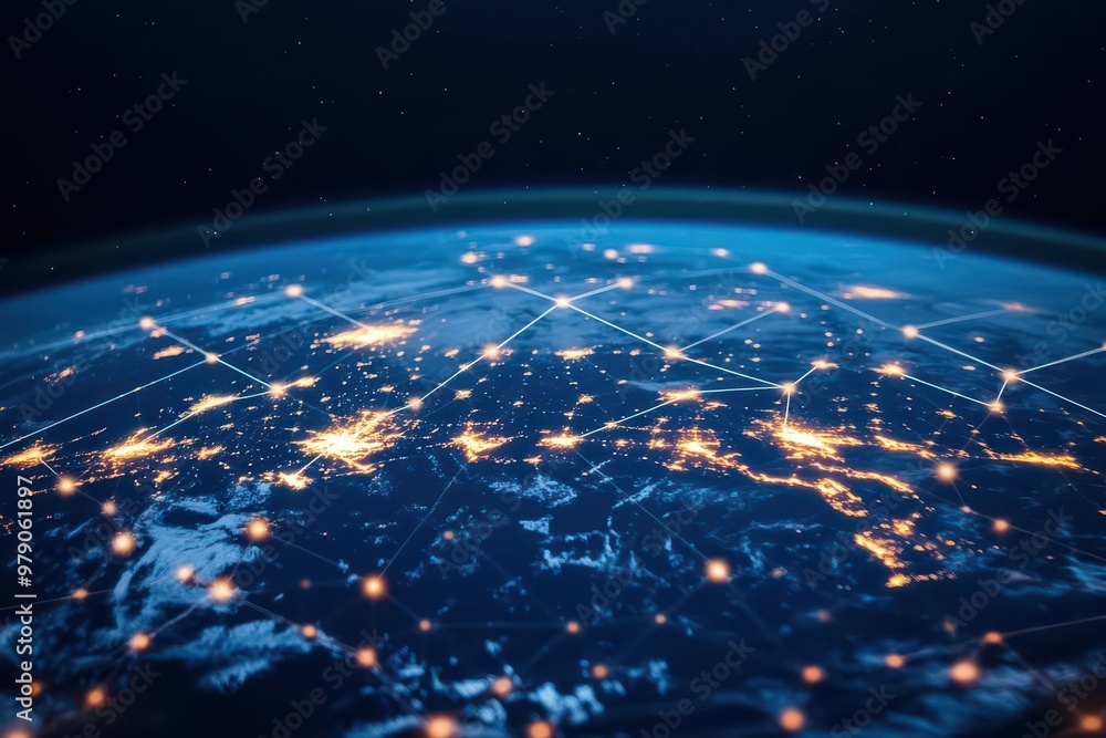 Poster Business professionals in different parts of the world connected via a glowing global digital sales network