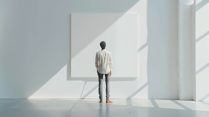 Fototapeta premium An artist standing in front of a blank canvas in a bright studio, holding a brush mid-air, deep in thought about the possibilities of creation.