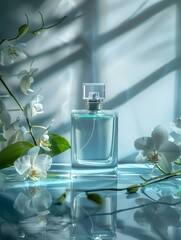 Beautiful bottle of cosmetic spray or perfume on a blue background with flowers. front view. ai generated