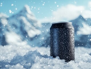 A black beverage can mockup with condensation, placed on ice with a snowy mountain backdrop and falling snowflakes. Beverage advertisement concept.