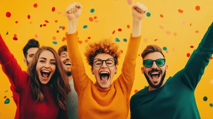 Overjoyed group of friends jumping and cheering during an unexpected surprise party celebrating a special occasion with joy and