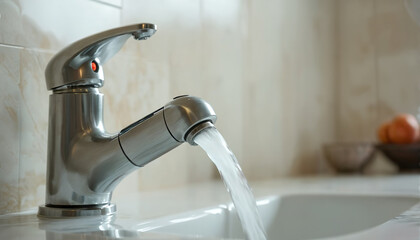 Close-up of a tap from which hot water flows, energy consumption and costs of hot water production