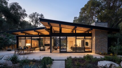 Flagstone patio design, sleek, uniform flagstones with minimal grout lines, contemporary metal and glass dining furniture, outdoor furniture, natural stone finish, modern pattern