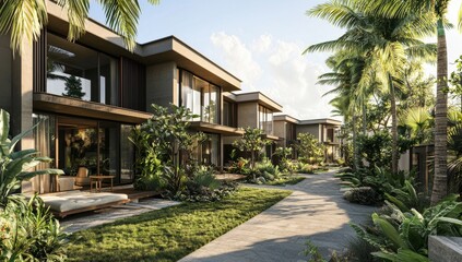 Naklejka premium An outdoor living space and a modern building with grass