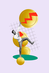 Vertical poster collage young man golden coin crack break separated tokens dollar currency finance...