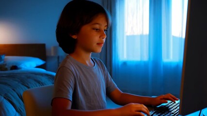 Young boy sitting in a room, focused on his computer, either playing games or programming. Perfect for themes of technology, education and childhood hobbies. Ideal for digital and educational content.