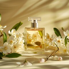 Beautiful bottle of cosmetic spray or perfume on a beige background with flowers. front view. ai generated