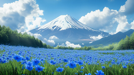 Realistic mountain fuji behind a field of blue flowers
