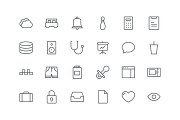 Bed, Bell, Bowling, Calculator, Clipboard, Cloudy, Database, Eye, Favorite, File, Inbox, vector illustration, set of icons