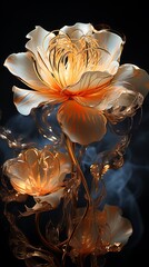 Two white and gold flowers with golden stems and smoke on a black background.