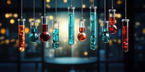 Colorful glass flasks in a modern lab symbolizes science and innovation, perfect for concepts like research and experimentation. Banner. Copy space