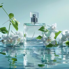 Beautiful bottle of cosmetic spray or perfume on a blue background with flowers. front view. ai generated