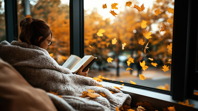 Person wrapped in a blanket, reading a book by a window with falling autumn leaves outside. The scene conveys a cozy, relaxing atmosphere with warm fall tones.
