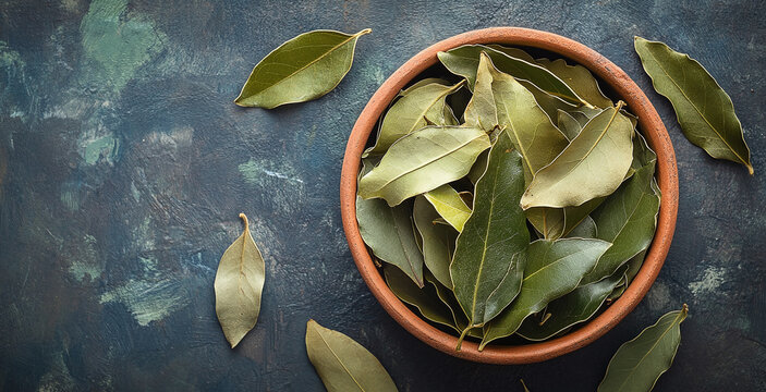 Bowl of dried laurel leaves. Branch of green bay leaves