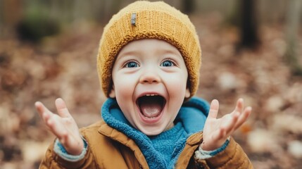 Ecstatic young child making an exciting discovery during a nature walk through the forest filled with a sense of wonder and adventurous joy