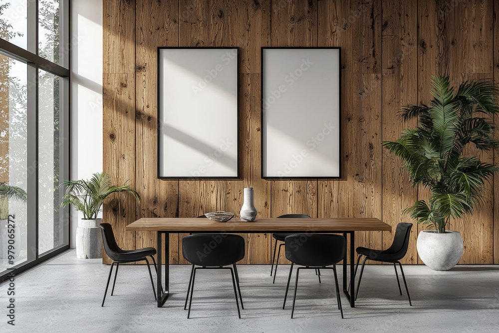 Poster stylish dining room with table and chairs and a panoramic window. mockup frames included.
