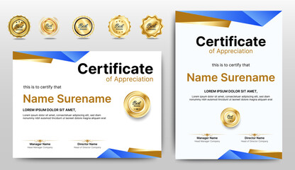 Certificate of appreciation template, gold and blue color. Clean modern certificate with gold badge. Certificate border template with luxury and modern line pattern. Diploma vector template