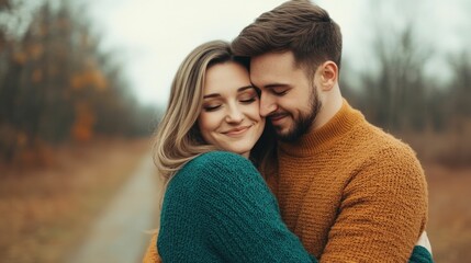 Couple sharing a tender emotional hug and embrace after a surprise marriage proposal celebrating their new lifelong commitment and deep connection