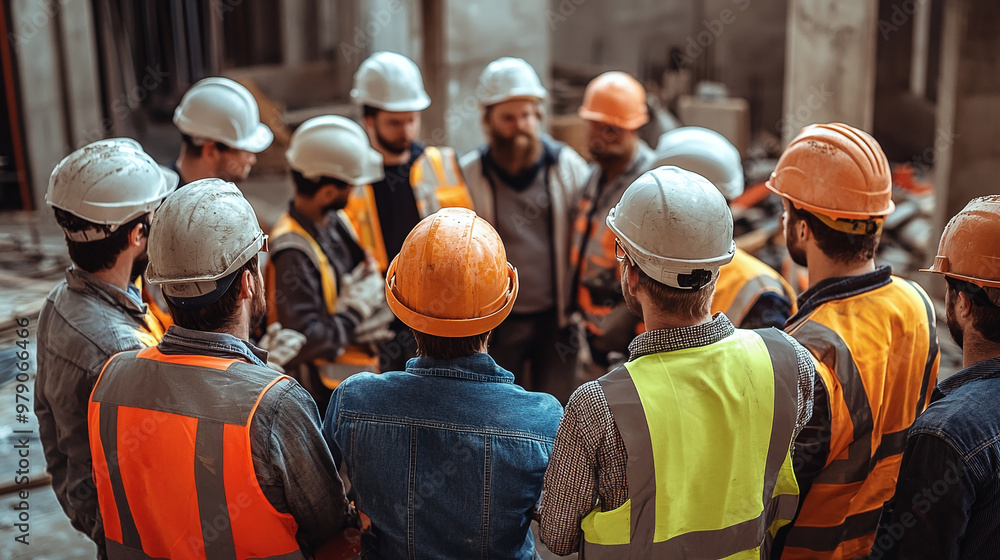 Poster a small group of constructions workers huddle together as they take instructions from the site super