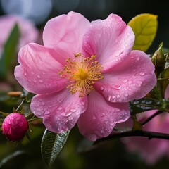 This is a closeup image of a delicate pink flower adorned with glistening water drops resting on its beautiful petals