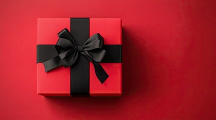 Black Friday sign in gift box wrapped with black ribbon on red background. 3d Render illustration. generative ai
