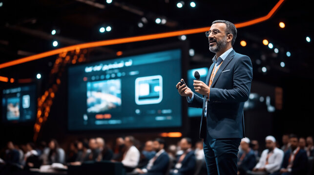 A man in a suit giving a presentation on stage using a microphone and a clicker at a conference. A large screen behind him displays graphical content to an audience.