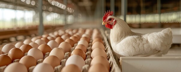 A hen in a farm setting, surrounded by fresh eggs. Perfect for agricultural and poultry industry themes.