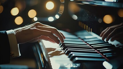 Detailed close-up of a concert pianist's hands on a grand piano, illuminated by warm concert lighting.