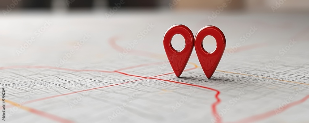 Poster two red location pins placed on a map, symbolizing navigation and destination seeking in modern trav