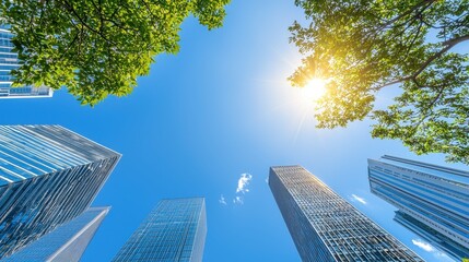 Modern Skyscrapers with Green Tree Canopy and Bright Sunlight