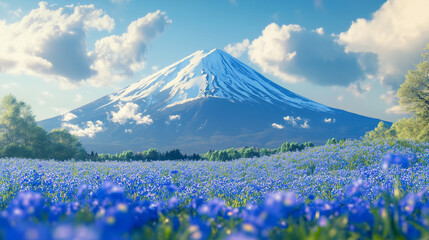 Realistic mountain fuji behind a field of blue flowers
