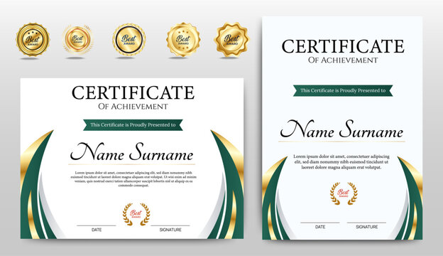 Certificates of completion template with luxury badge and modern line and shapes. Horizontal certificate For award, business, and education needs. Diploma vector template