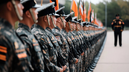 A row of uniformed soldiers stand at attention in a line, wearing military hats and holding rifles. Flags are visible in the background, and an officer stands in front of them.