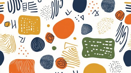 A colorful abstract pattern featuring various shapes and lines on a white background.