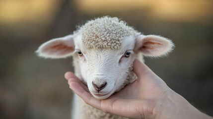 Obraz premium A person gently petting a lamb on its head