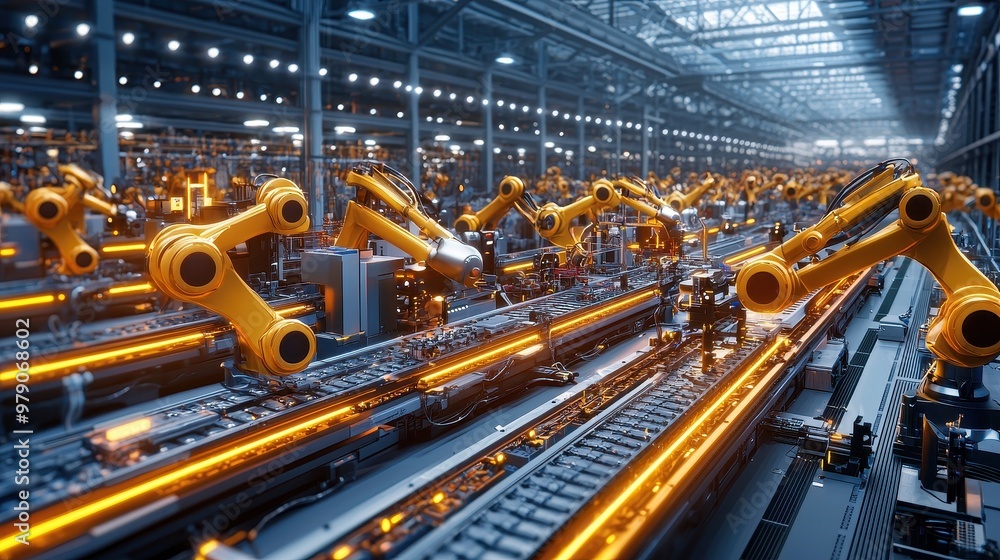 Poster automated production line with industrial robots in modern factory
